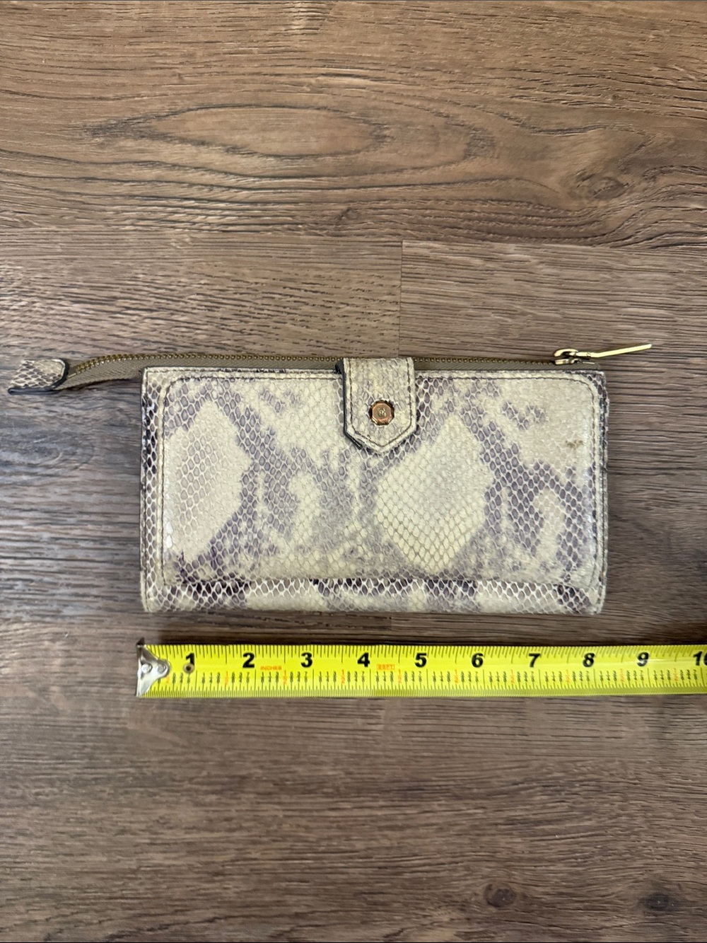 G.I.L.I. Snake-Print Leather Zip & Snap Wallet in Cream and Brown
